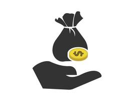 Money bag with a golden coin on holding hand in savings concept. Savings logo design illustrations. vector