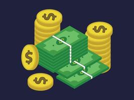 Money and Coins illustrations. Dollar banknotes pile, golden coin stack in Isometric Style vector