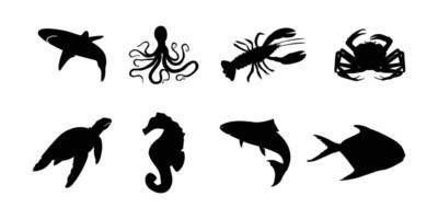 Set of Sea animal black silhouette. Sea fish illustration with lobster, Shark, Turtle, Salmon. vector