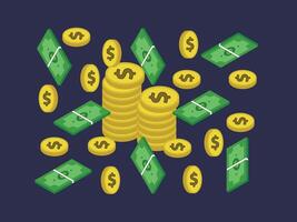 Money and Coins illustrations. Dollar banknotes pile, golden coin stack in Isometric Style vector