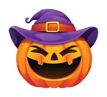 Smiling halloween pumpkin with witch hat. Cartoon character illustration vector