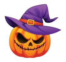 Scary halloween pumpkin with witch hat. Cartoon character illustration vector