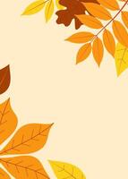 Autumn leaves greeting card. Poster or background decorated with multicolored leaves. Flat illustration vector