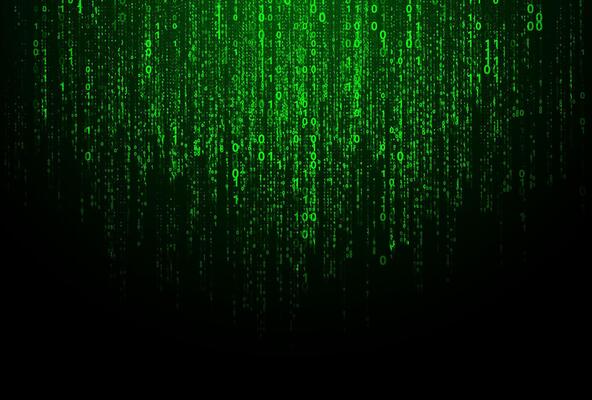 Green digital code rain in a Matrix inspired futuristic style. High-tech backdrop with glowing binary characters