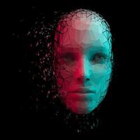 Low poly female face disintegrating in cyberspace. 3D geometric shapes scatter on a black background, creating a futuristic and colorful effect. vector