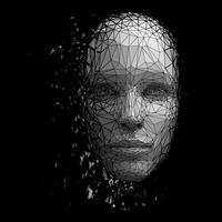 Low poly female face disintegrating on black background. Futuristic cyborg virtual reality concept. Polygonal particles scatter. vector