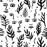 Abstract monochrome pattern with stylized human faces and plant elements vector