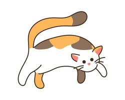 Spotted cute cat jumping. Tricolor domestic kitten runs away funny with its tail raised. Kawaii contour colored animal. Isolated character on white background for sticker. illustration vector