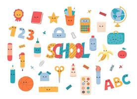 School supplies set. Cute funny educational characters pen, book, ruler, letters, numbers. School lettering and office stationery elements. Colorful hand drawn doodle illustrations collection. vector