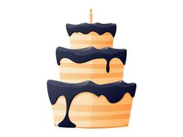 Delicious sweet sponge chocolate cake with black icing cream and candle. isolated cartoon illustration. vector