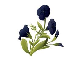 Garden flower black petunia, with stem and leaves. isolated cartoon illustration. vector