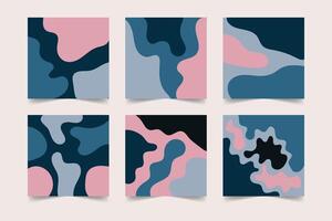 Set of hand drawn abstract backgrounds. Square banner templates for social media posts. Minimal backdrops collection on pink and blue colors vector