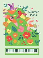 Artistic Summer poster with green piano birds, leaves, flowers and text, on a light green background. Modern geometric style. vector