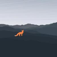 Lonely fox howling on the hill in minimalist countryside landscape with silhouette mountain ranges graphic illustrated have blank space. vector