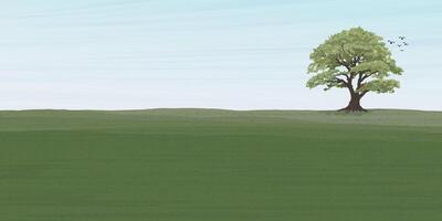 Minimalist landscape grass field with big tree flat design illustrated have blank space. vector