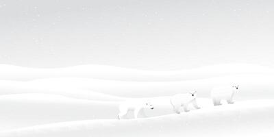 Polar bears family walking on ice have snowfall at North Pole graphic illustration. Snow landscape monochromatic concept with blank space. vector