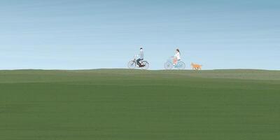 Man and woman riding bicycles together followed by a dog in grass field landscape spring season flat design illustration have blank space. vector