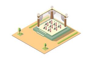 isométrica ilustración de un música evento etapa con personas bailar, 3d concepto isométrica ver de concierto fiesta antecedentes y etapa paisaje. vector