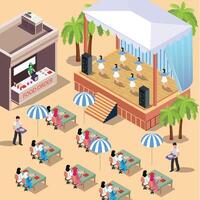 Isometric 3d concept illustration of enjoying a dance performance on a Music Event stage with dancing,people eating and happy people enjoying music vector