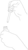 Female hands holds pipette for skincare with oil serum bottle, cream. Hand draw illustration vector