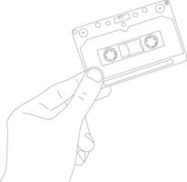 Single continuous line drawing left hand holding retro compact tape cassette. Vintage music icon audio cassette tape element in doodle style isolated on a white. Dynamic one line draw graphic design vector