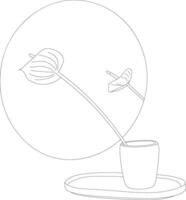 Drawn Anthurium flowers with decor and mirror in line art drawing style. Minimalist black line sketch on white background. illustration vector