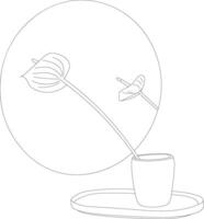 Drawn Anthurium flowers with decor and mirror in line art drawing style. Minimalist black line sketch on white background. illustration vector