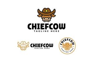 cow head wearing cowboy hat cartoon logo design for farm and retail professional business vector