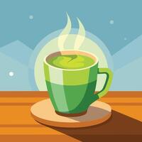 a steaming cup of matcha latte, with a sprinkle of matcha powder on top vector