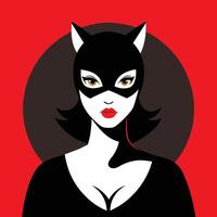 A woman in a cat mask and red lipstick poses in front of a red background. vector