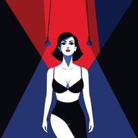 A woman in a black bra is hanging from ropes in a dark room with red and blue lighting vector