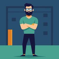 man with glasses and beard stands with his arms crossed in garage vector