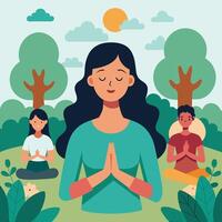 A woman with her eyes closed and her hands on her heart, other people meditating outside in park vector