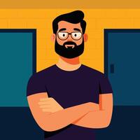A man with glasses and a beard stands with his arms crossed in a garage. vector