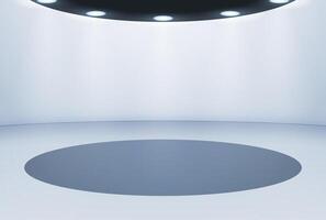 Empty exhibition space against a studio background in a modern simple minimalist design with a round illuminated pedestal or podium. vector