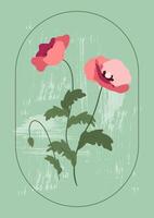 Pink poppies with line frame on a vintage textured green background. Floral illustration for greeting cards, wedding invitations, social media and more design vector