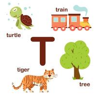 Preschool english alphabet. T letter. Tree, train, tiger, turtle. Alphabet design in a colorful style. Educational poster for children. Play and learn. vector