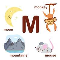 Preschool english alphabet. M letter. Moon, mountains, mouse, monkey. Alphabet design in a colorful style. Educational poster for children. Play and learn. vector