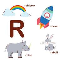 Preschool english alphabet. R letter. Rabbit, rhino, rocket, rainbow. Alphabet design in a colorful style. Educational poster for children. Play and learn. vector