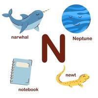 Preschool english alphabet. N letter. Narwhal, Neptune, newt, notebook. Alphabet design in a colorful style. Educational poster for children. Play and learn. vector