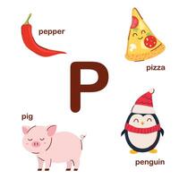 preescolar Inglés alfabeto. pags carta. pingüino, cerdo, pizza, pimienta . alfabeto diseño en un vistoso estilo. educativo póster para niños. jugar y aprender. vector