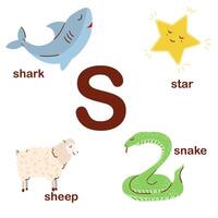 Preschool english alphabet. S letter. Star, shark, sheep, snake. Alphabet design in a colorful style. Educational poster for children. Play and learn. vector