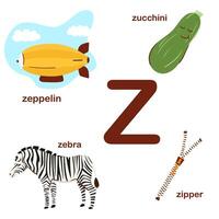 Preschool english alphabet. Z letter. Zeppelin, zucchini, zebra, zipper. Alphabet design in a colorful style. Educational poster for children. Play and learn. vector