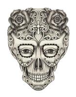 Sugar skull day of the dead design by hand drawing on paper. vector