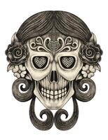 Sugar skull day of the dead design by hand drawing on paper. vector