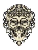 Sugar skull day of the dead design by hand drawing on paper. vector