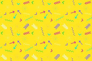 Colorful seamless pattern in Memphis style with arrows, zigzags, and geometric shapes on a bright yellow background. Ideal for textiles and designs. vector