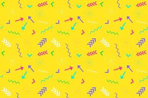 Colorful seamless pattern in Memphis style with arrows, zigzags, and geometric shapes on a bright yellow background. Ideal for textiles and designs. vector