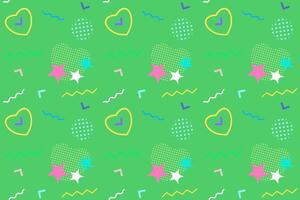 Vibrant seamless pattern in Memphis style featuring hearts, zigzags, and geometric shapes on a green background. Perfect for textiles and design. vector