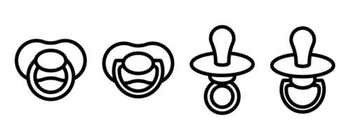 Set of four black and white baby pacifier icons. Elements for design of logo, icons, buttons. Isolated horizontal illustration vector